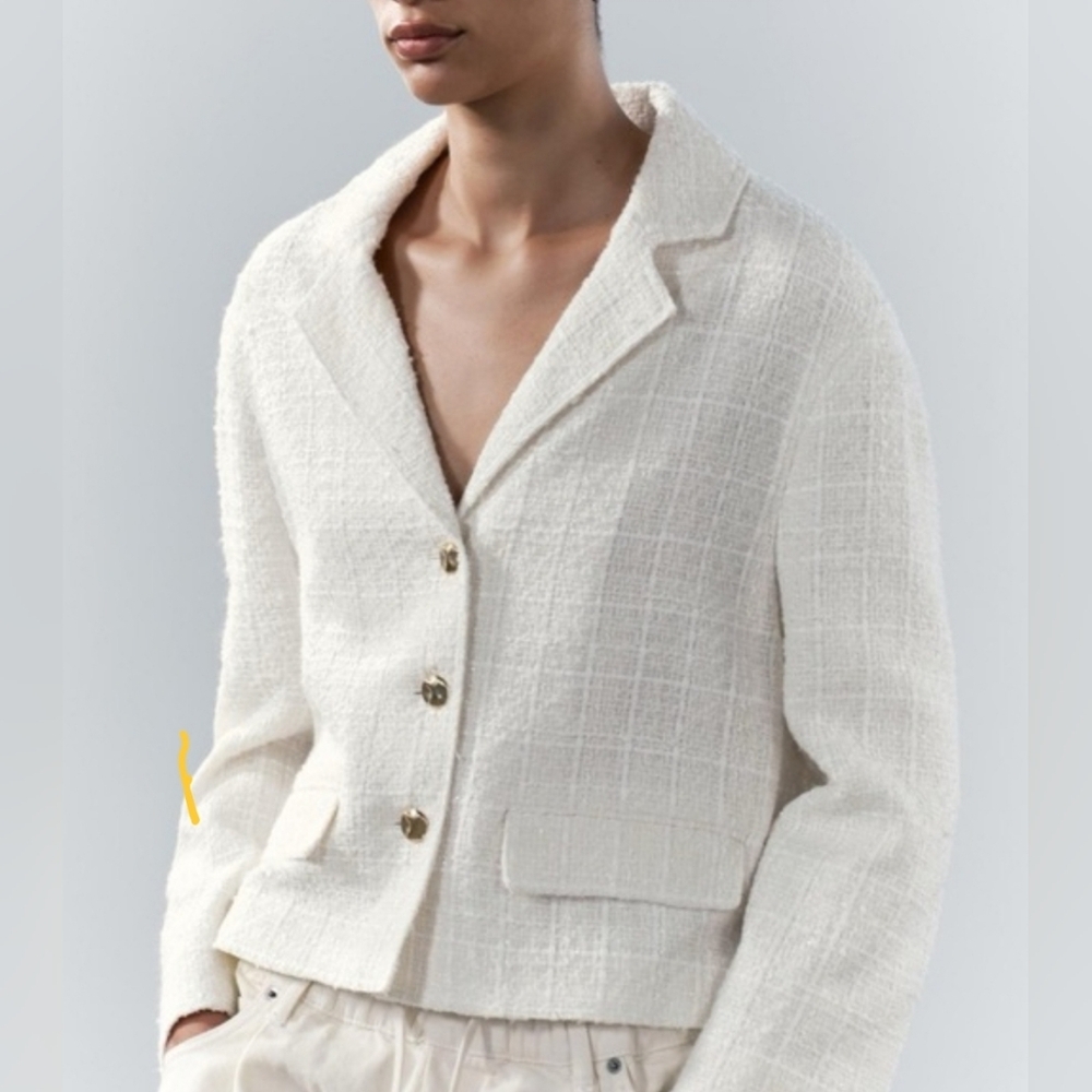 313. NWT - Zara ZW Collection Ivory Textured Tweed Blazer